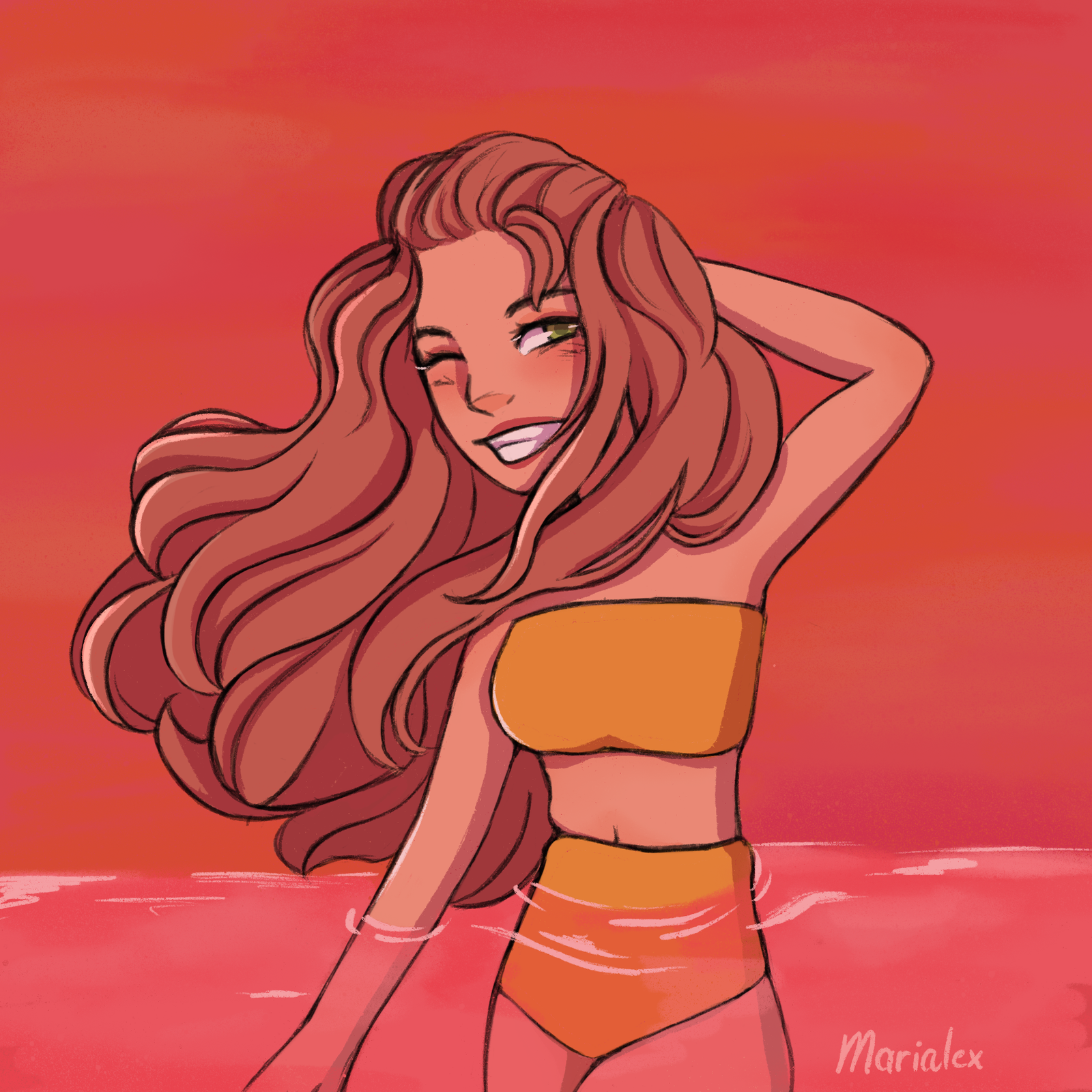 Dibujo de chica con color rosa, rojo y naranjan atardecer