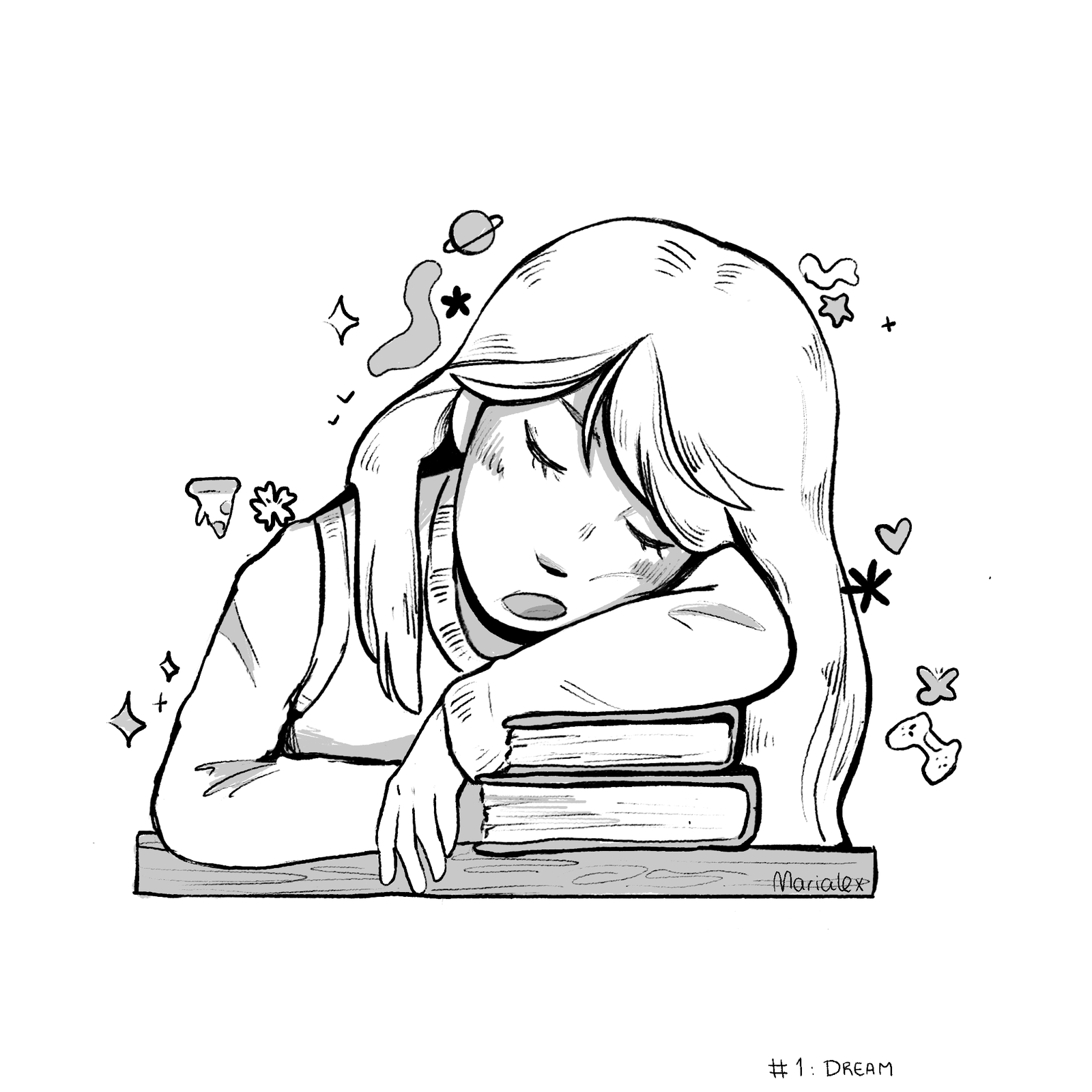 Dibujo blanco y negro de chica soñando