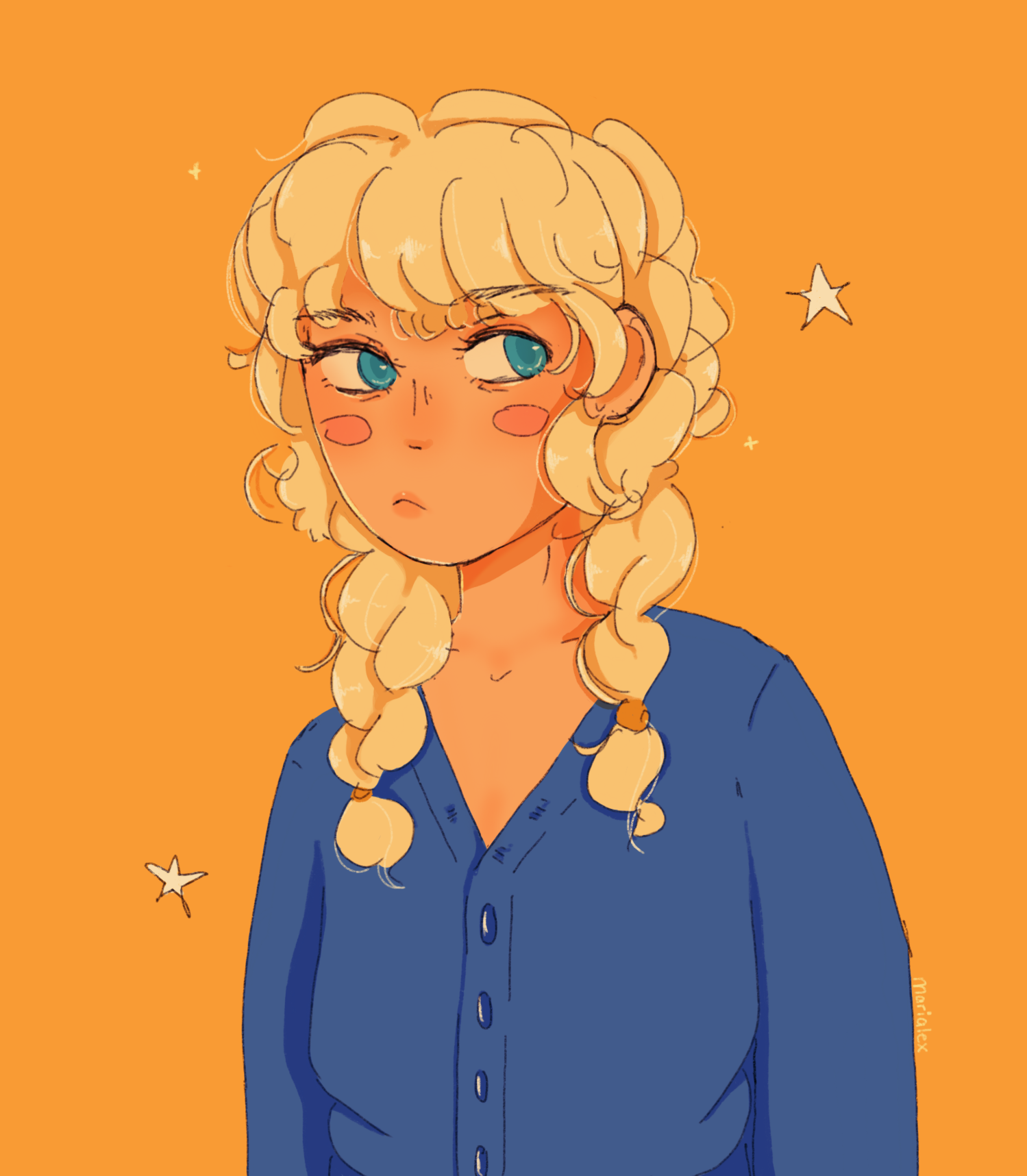 Dibujo de chica con colores amarillo y azul con un cardigan azul cute