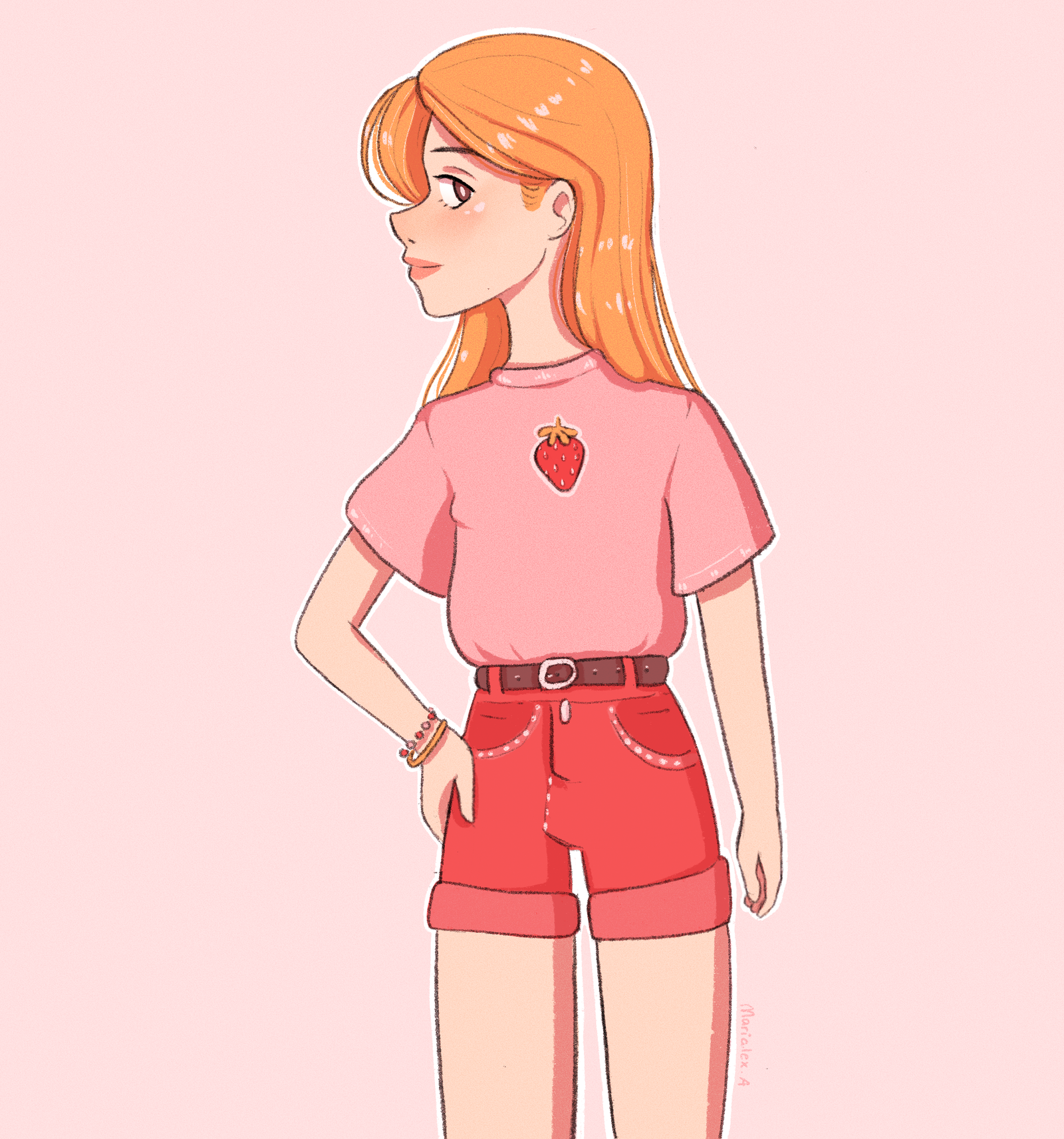 Dibujo digital de chica con colores rosas  y fresas