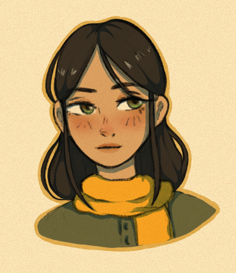 Dibujo de chica con colores amarillos y verdes con bufanda