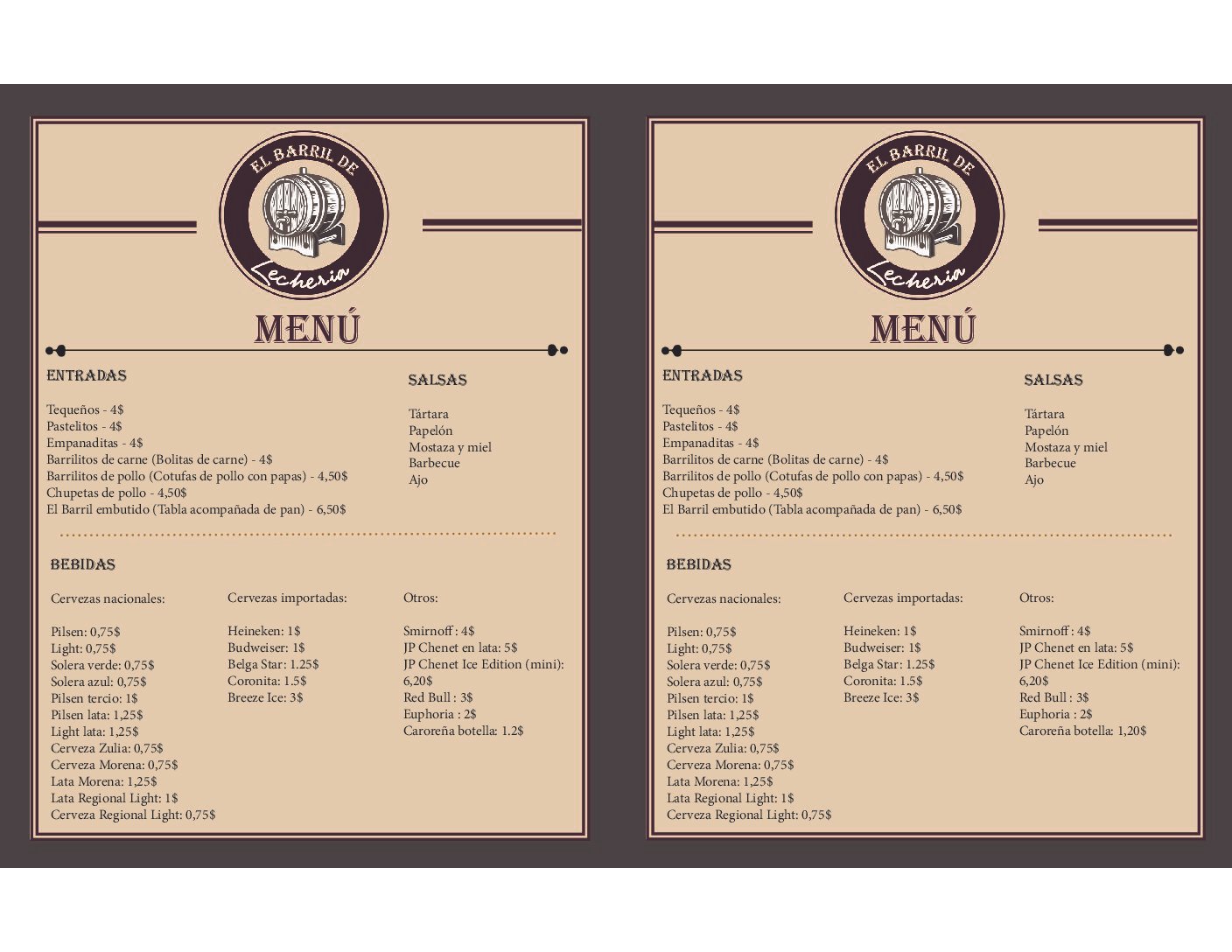 Menú para bar Barril