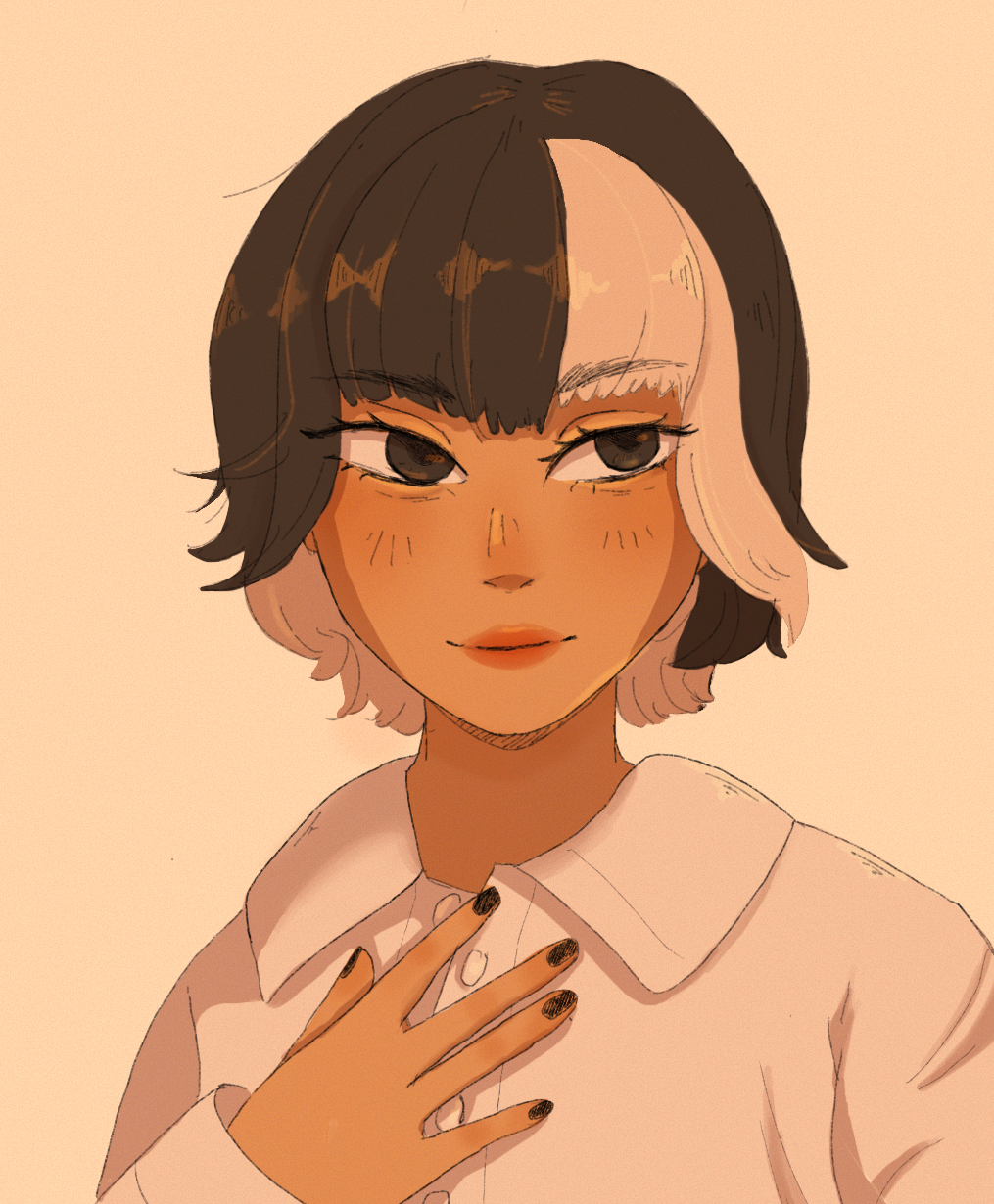 dibujo de chica con cabello mitad marrón mitad blanco